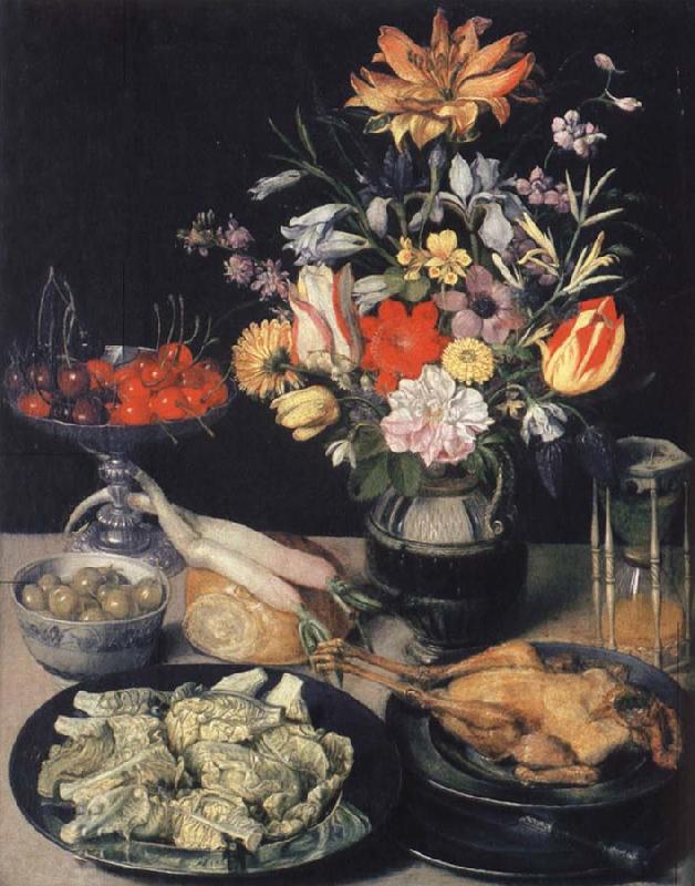 Georg Flegel Style life table with flowers, Essuaren and Studenglas